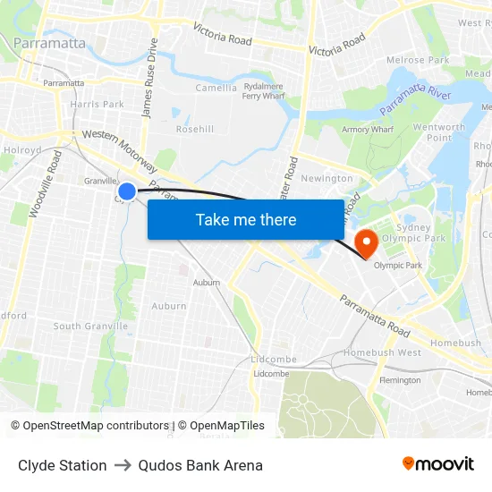 Clyde Station to Qudos Bank Arena map