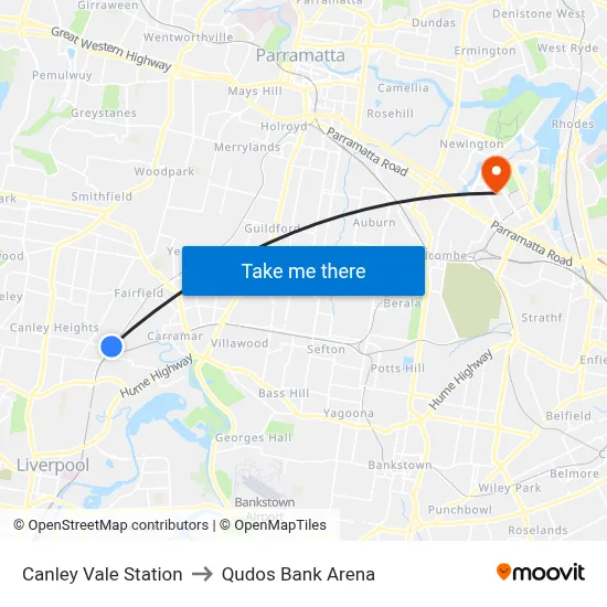 Canley Vale Station to Qudos Bank Arena map