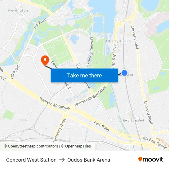 Concord West Station to Qudos Bank Arena map
