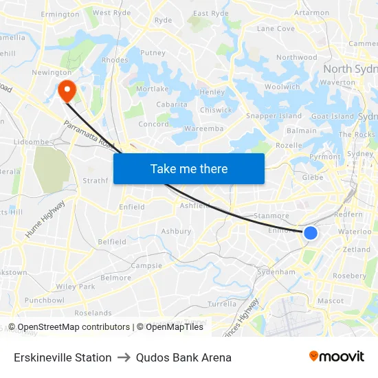 Erskineville Station to Qudos Bank Arena map