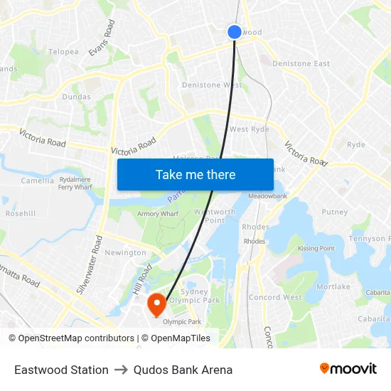 Eastwood Station to Qudos Bank Arena map