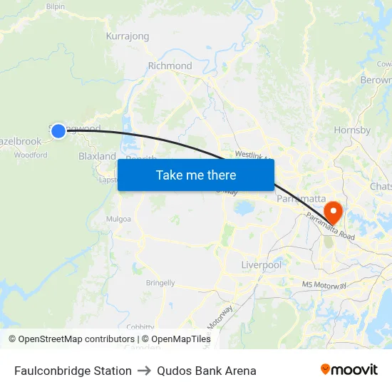 Faulconbridge Station to Qudos Bank Arena map