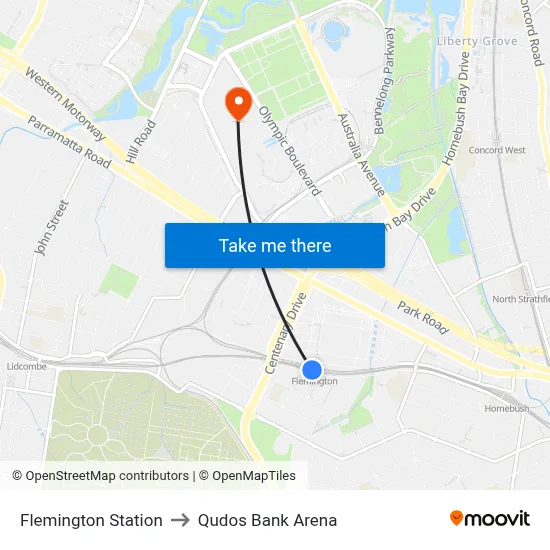 Flemington Station to Qudos Bank Arena map