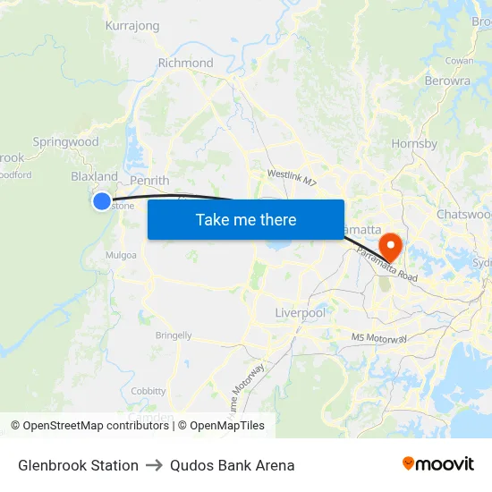 Glenbrook Station to Qudos Bank Arena map