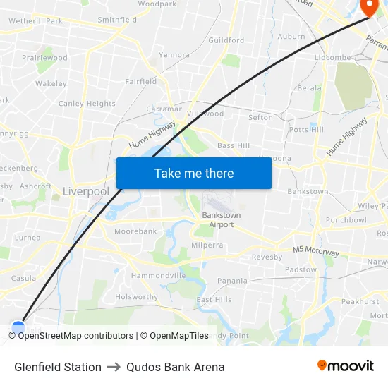 Glenfield Station to Qudos Bank Arena map