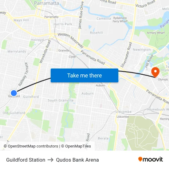 Guildford Station to Qudos Bank Arena map