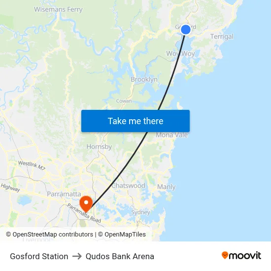 Gosford Station to Qudos Bank Arena map