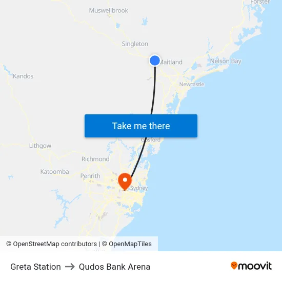 Greta Station to Qudos Bank Arena map