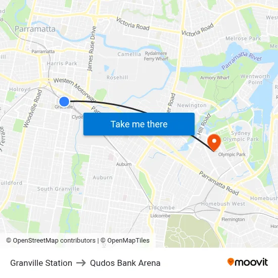 Granville Station to Qudos Bank Arena map