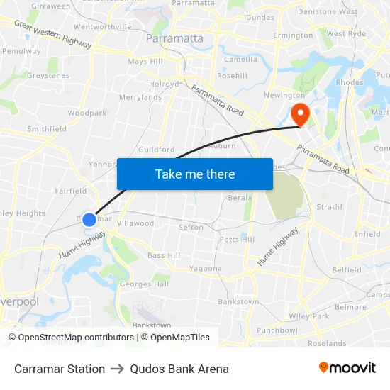 Carramar Station to Qudos Bank Arena map