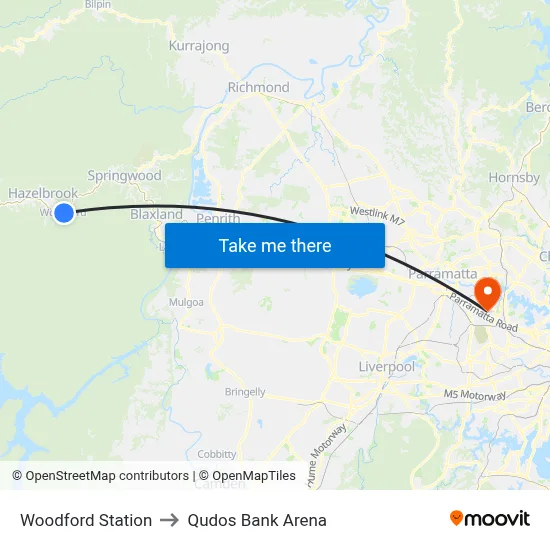 Woodford Station to Qudos Bank Arena map