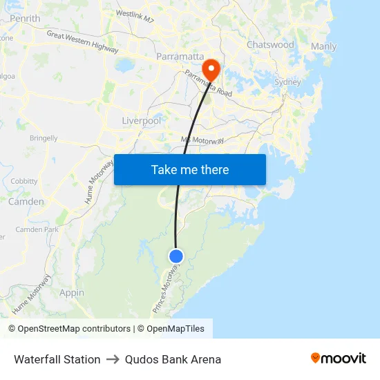 Waterfall Station to Qudos Bank Arena map