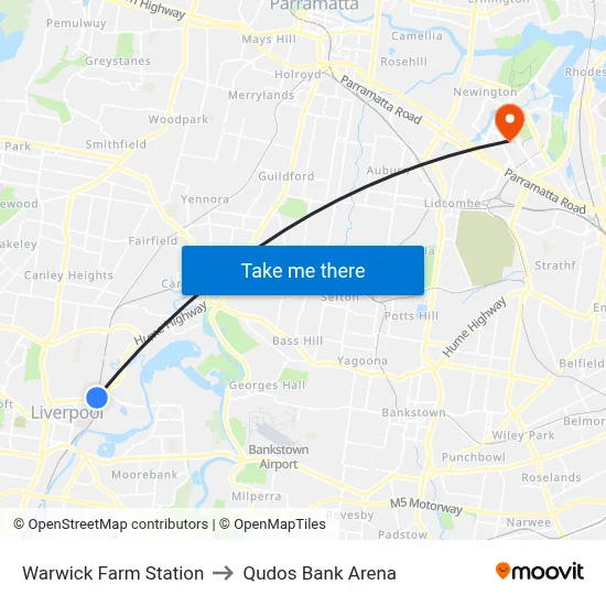 Warwick Farm Station to Qudos Bank Arena map