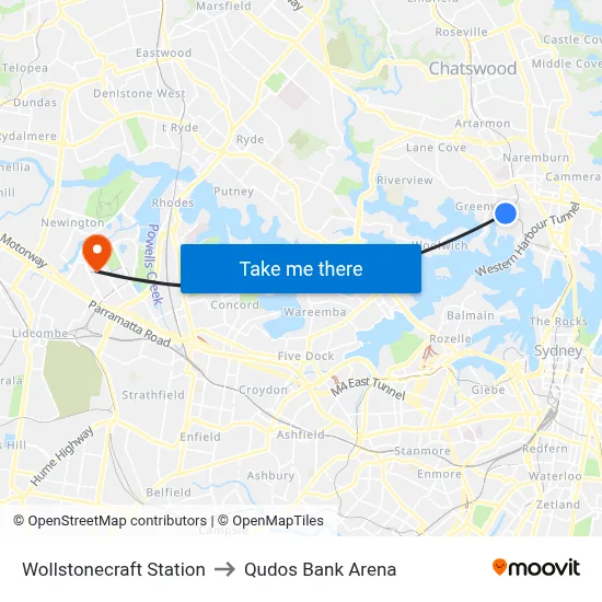 Wollstonecraft Station to Qudos Bank Arena map