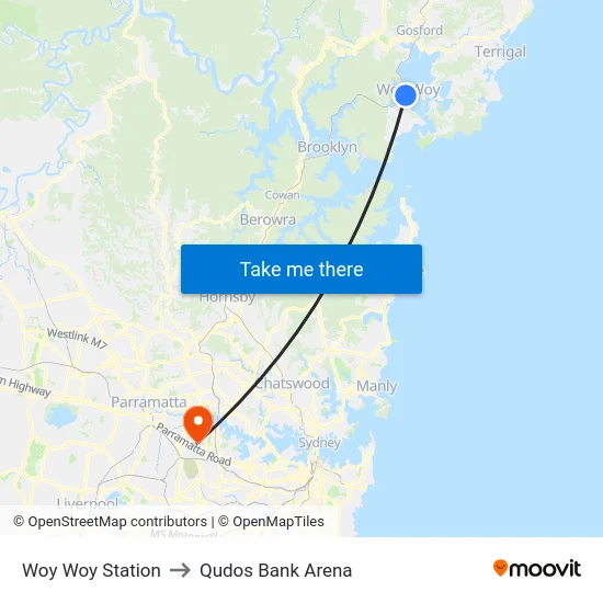 Woy Woy Station to Qudos Bank Arena map