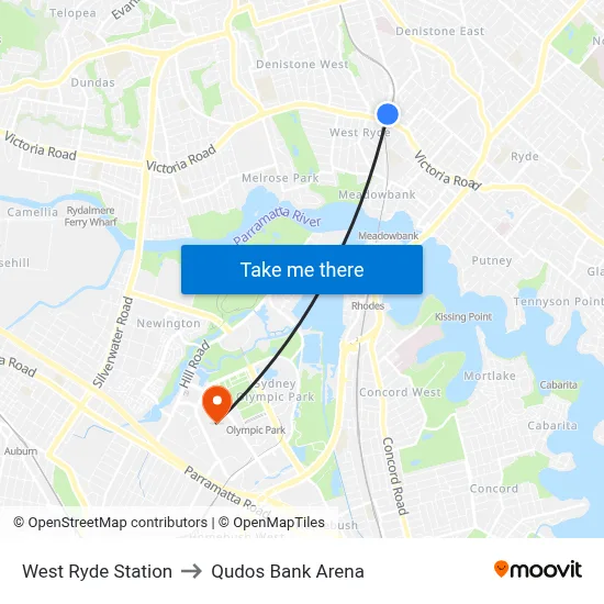 West Ryde Station to Qudos Bank Arena map