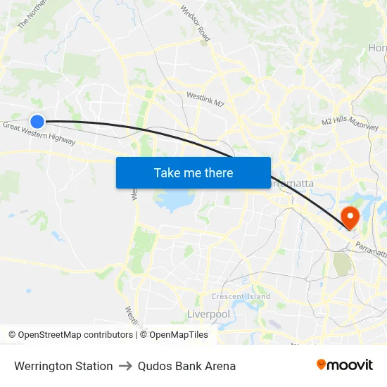 Werrington Station to Qudos Bank Arena map