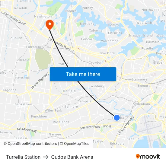 Turrella Station to Qudos Bank Arena map