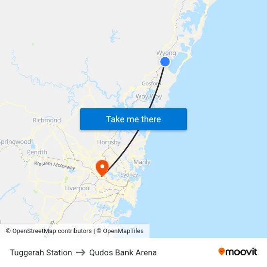 Tuggerah Station to Qudos Bank Arena map