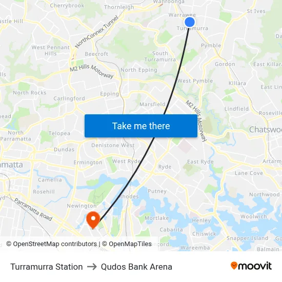Turramurra Station to Qudos Bank Arena map