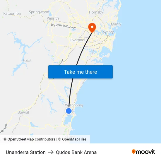 Unanderra Station to Qudos Bank Arena map