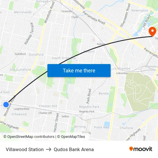 Villawood Station to Qudos Bank Arena map