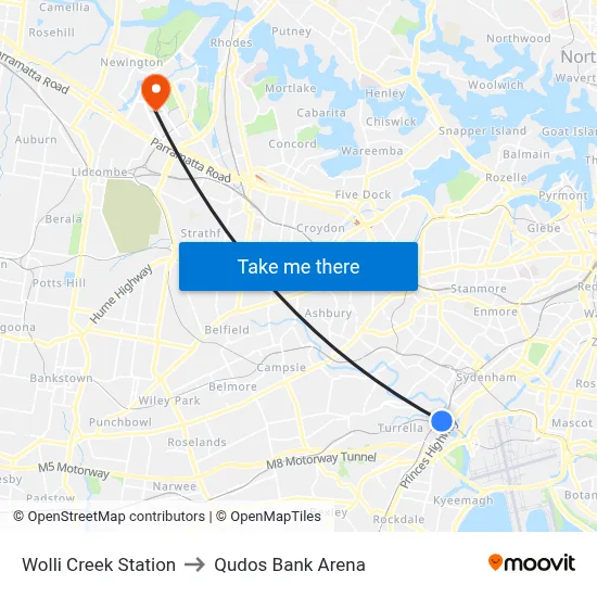 Wolli Creek Station to Qudos Bank Arena map