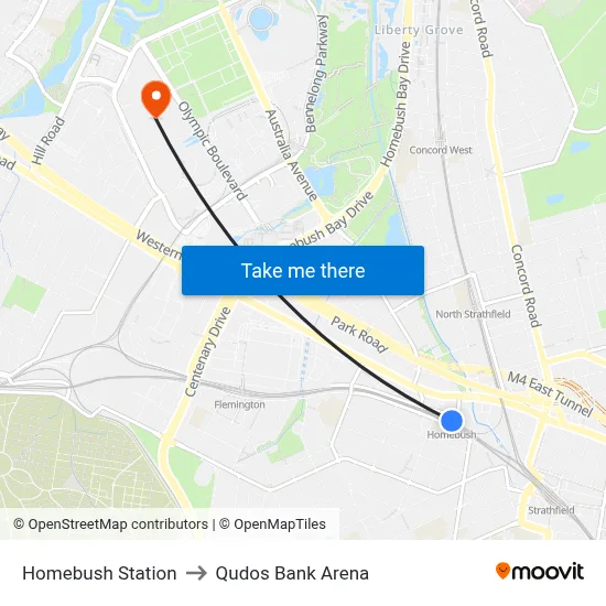 Homebush Station to Qudos Bank Arena map