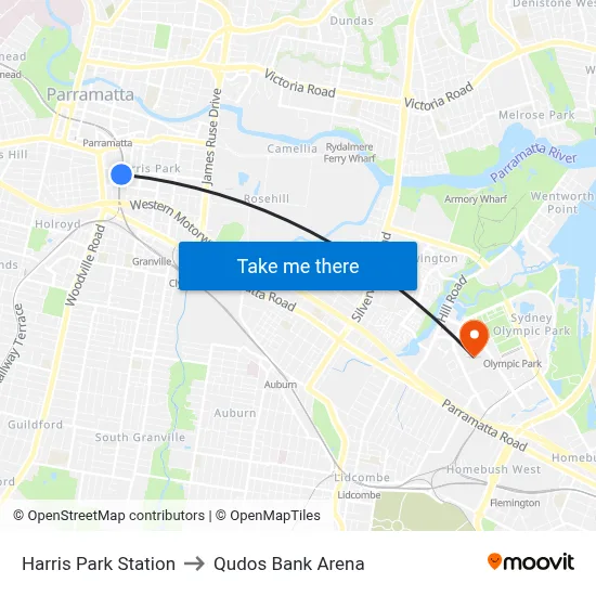 Harris Park Station to Qudos Bank Arena map