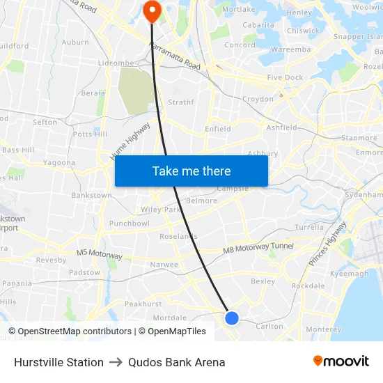Hurstville Station to Qudos Bank Arena map