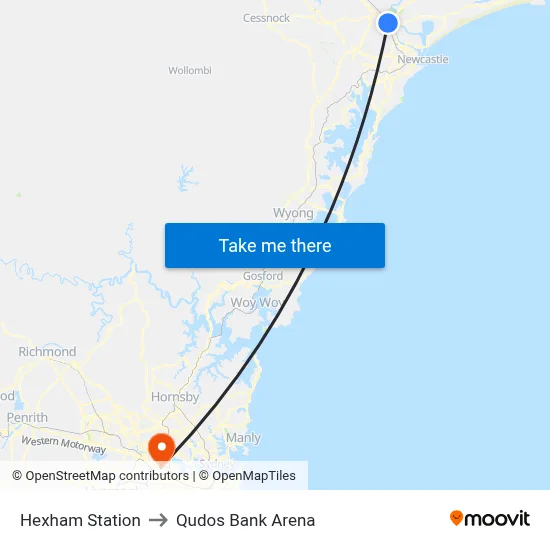 Hexham Station to Qudos Bank Arena map