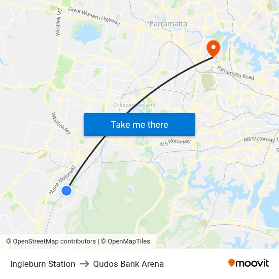 Ingleburn Station to Qudos Bank Arena map