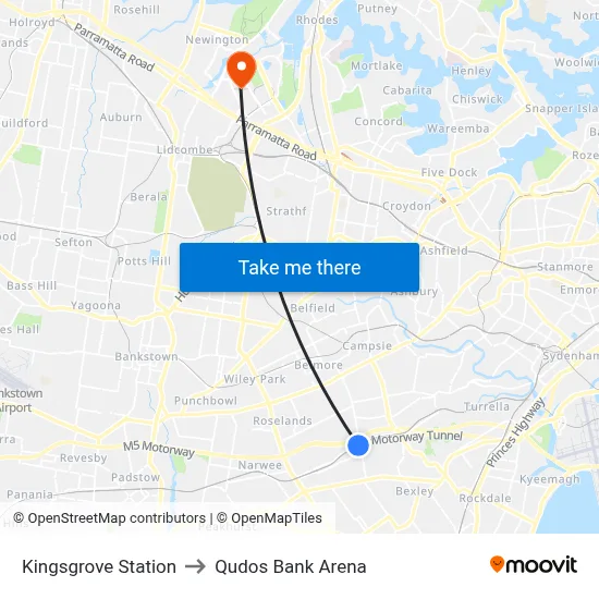 Kingsgrove Station to Qudos Bank Arena map