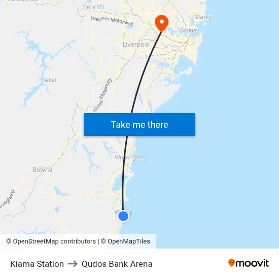 Kiama Station to Qudos Bank Arena map