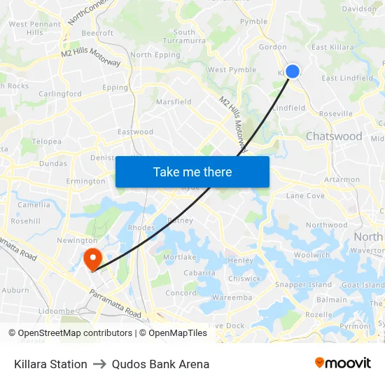 Killara Station to Qudos Bank Arena map