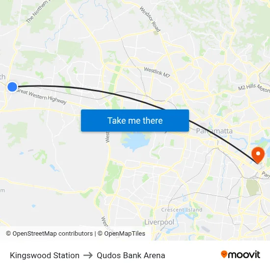 Kingswood Station to Qudos Bank Arena map