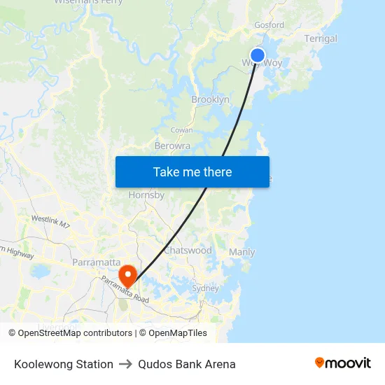 Koolewong Station to Qudos Bank Arena map