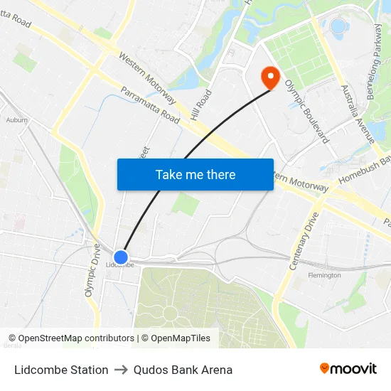 Lidcombe Station to Qudos Bank Arena map