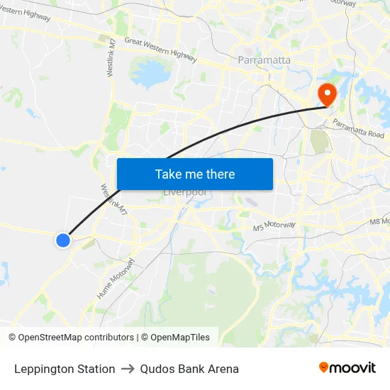 Leppington Station to Qudos Bank Arena map