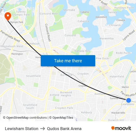 Lewisham Station to Qudos Bank Arena map