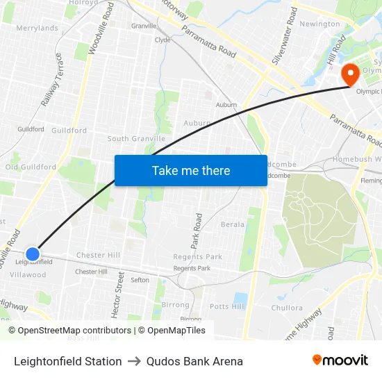 Leightonfield Station to Qudos Bank Arena map