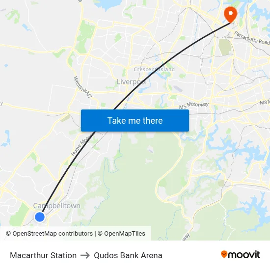 Macarthur Station to Qudos Bank Arena map