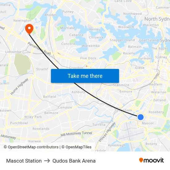 Mascot Station to Qudos Bank Arena map