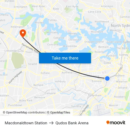 Macdonaldtown Station to Qudos Bank Arena map