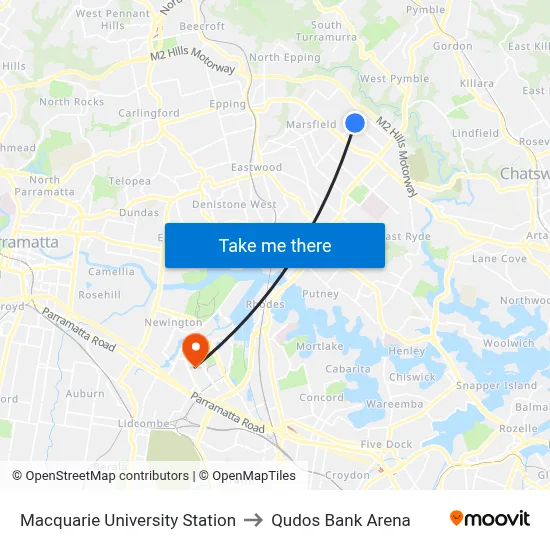 Macquarie University Station to Qudos Bank Arena map