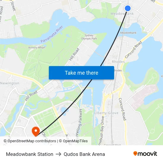 Meadowbank Station to Qudos Bank Arena map