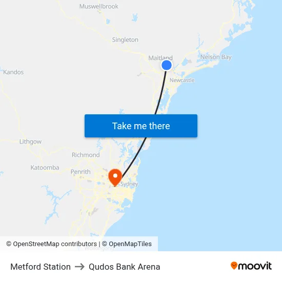 Metford Station to Qudos Bank Arena map