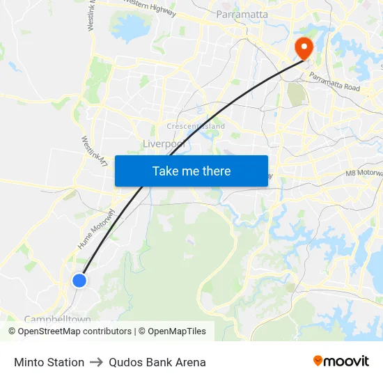 Minto Station to Qudos Bank Arena map
