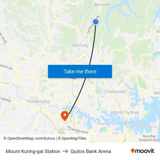 Mount Kuring-gai Station to Qudos Bank Arena map