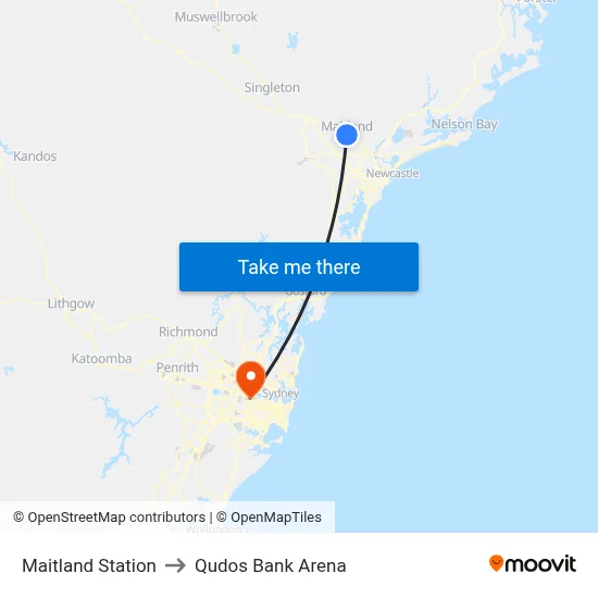 Maitland Station to Qudos Bank Arena map